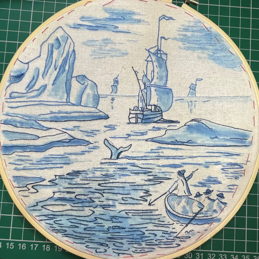 Embroidery inspired by whaling plate at the Dutch Maritime Museum