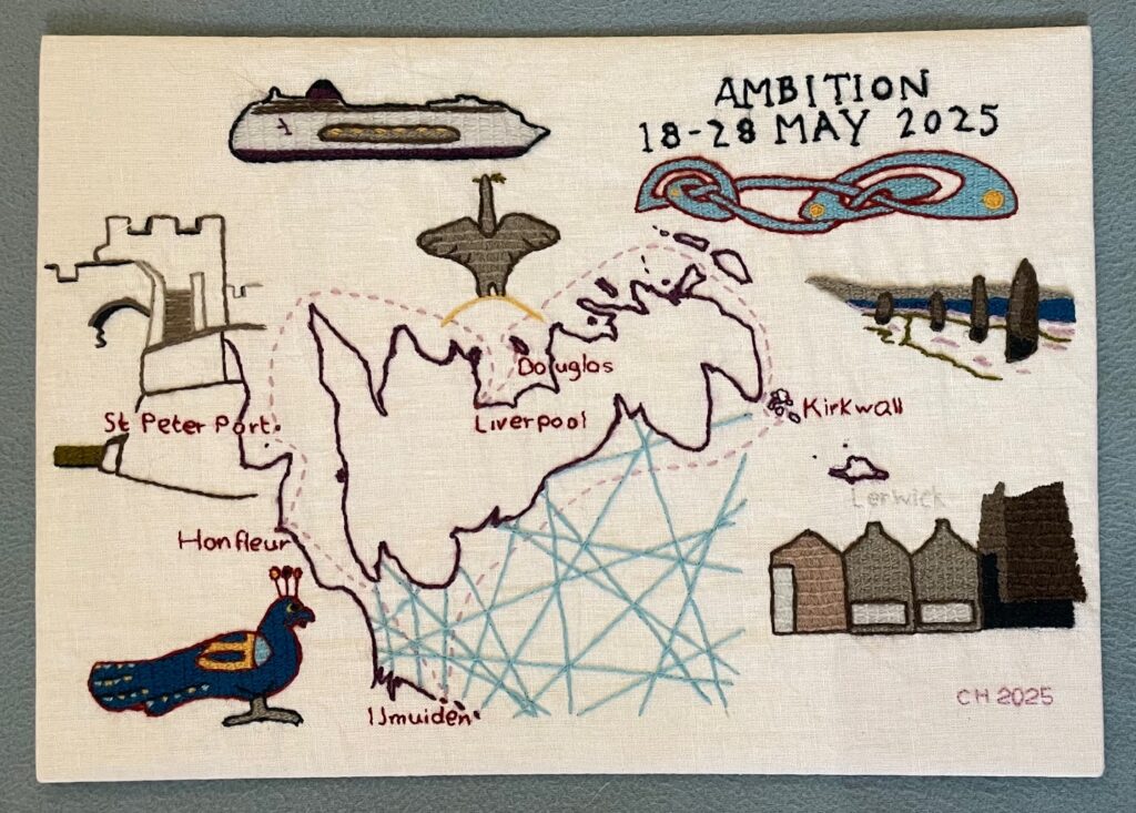 Finished embroidery showing locations and route