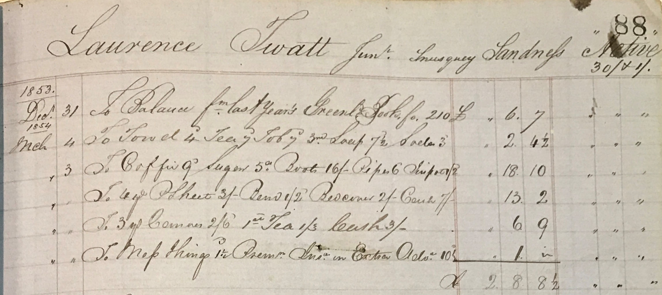 Hay and Co 1853 ledger page from Shetland Whaler Laurence Twatt